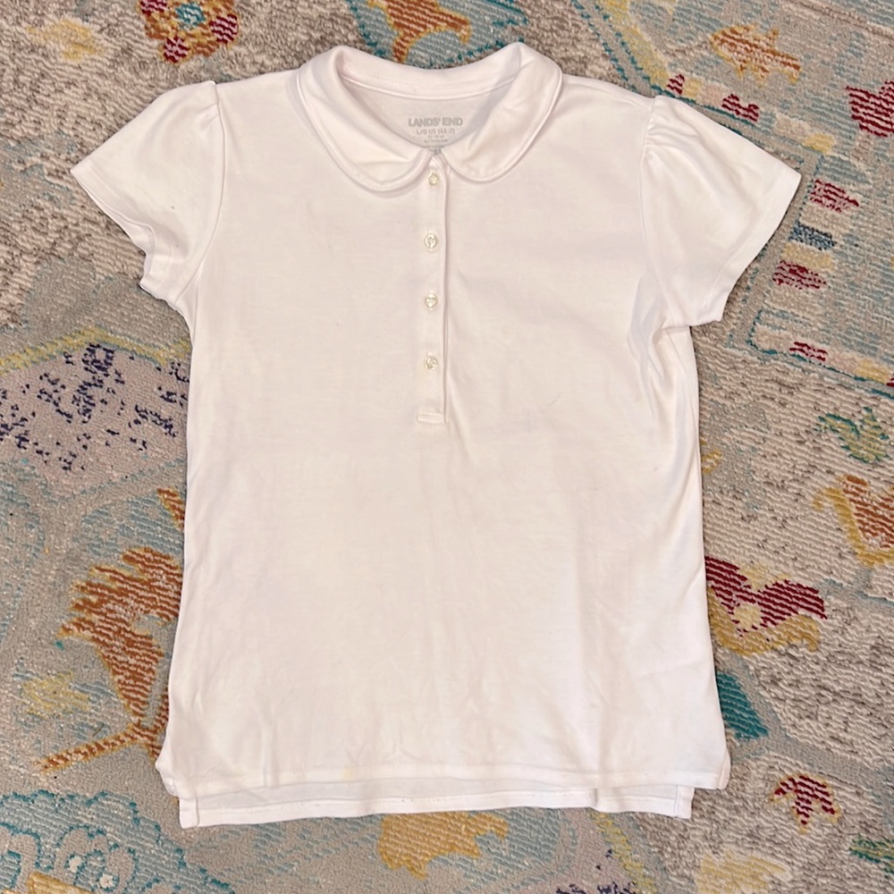 Lands’ End Peter Pan Collar Polo Shirt. Size L (6x-7). White. School uniform.
